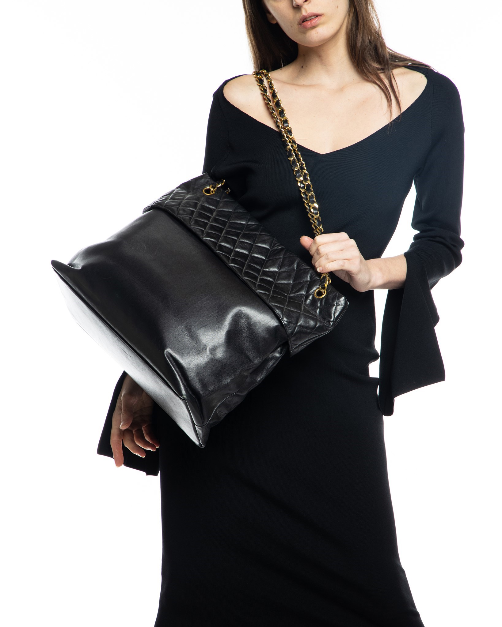 Chanel Classic Vintage Black Calfskin Big CC 24K Gold Chain Shopping Tote L  Bag  My Dreamz Closet